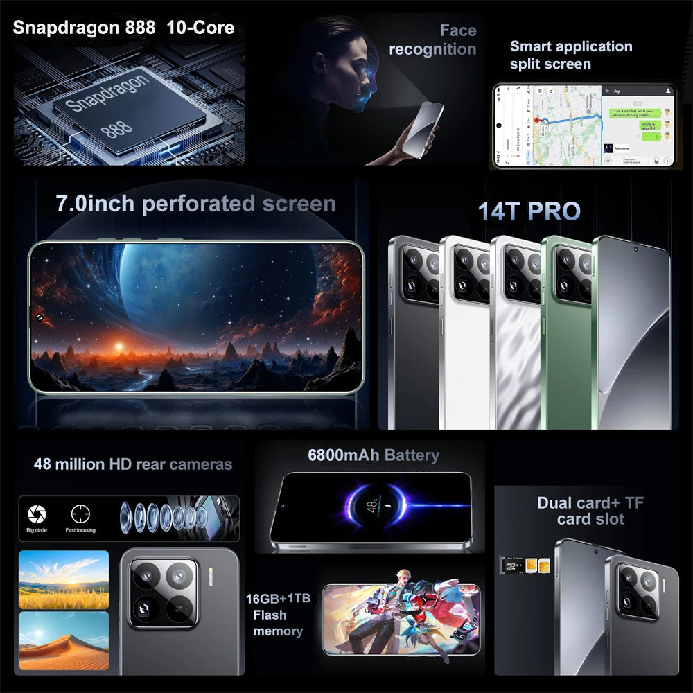 Teléfono inteligente 14T Pro 5G 7.0HD, doble SIM, 16 GB + 1 TB, Android