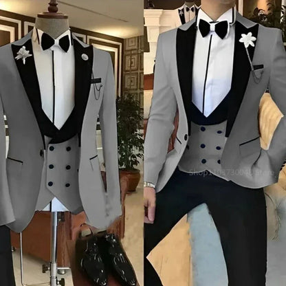 Traje de 3 piezas para hombre, liso, con un botón y solapa de pico