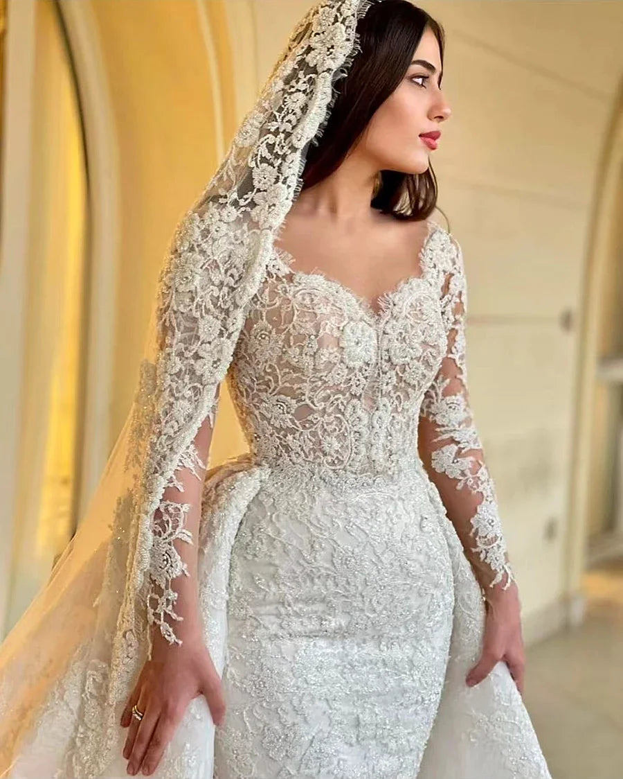 Vestido de novia de sirena personalizado 2025, bordado de encaje, 2 en 1