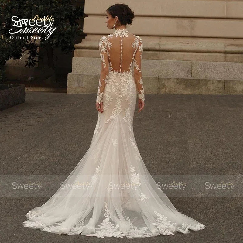 Vestido de novia de sirena con cuello alto, elegante vestido de organza