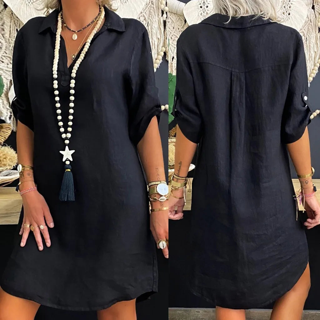Vestido estilo blusa de algodón y lino para mujer, estilo vintage, informal