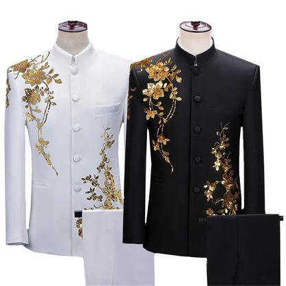 Traje floral de cuello alto para hombre, ropa de lentejuelas de lujo