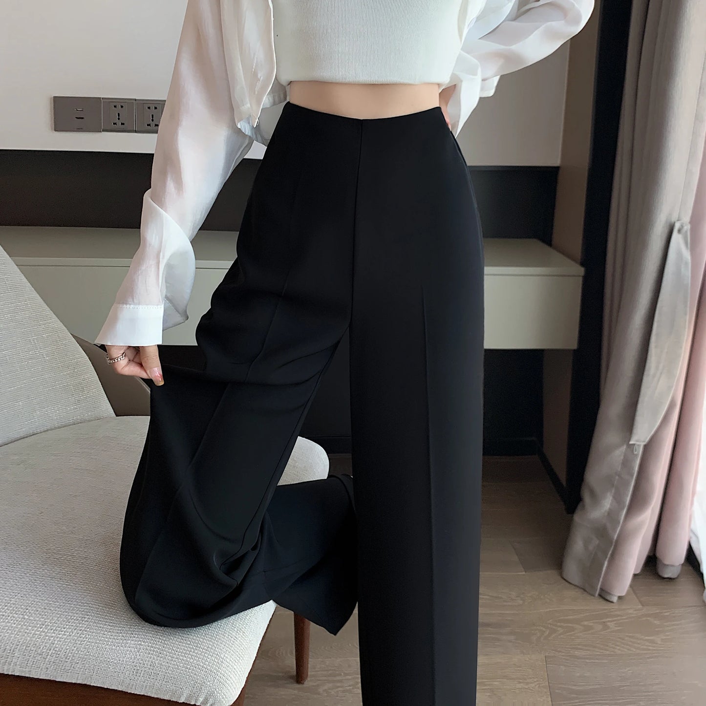 Traje caqui de cintura alta con para mujer, pantalones largos