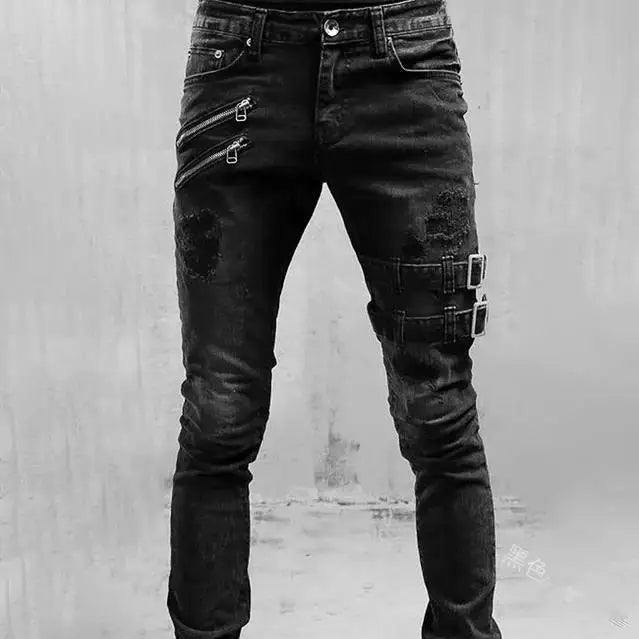 Pantalones vaqueros largos, ajustados y rotos de motociclista para hombre