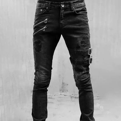 Pantalones vaqueros largos, ajustados y rotos de motociclista para hombre