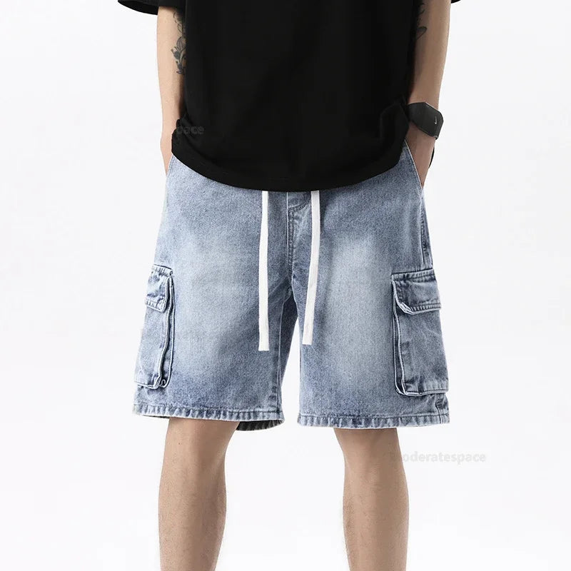 Pantalones vaqueros cortos cargo de verano para hombre, con bolsillos
