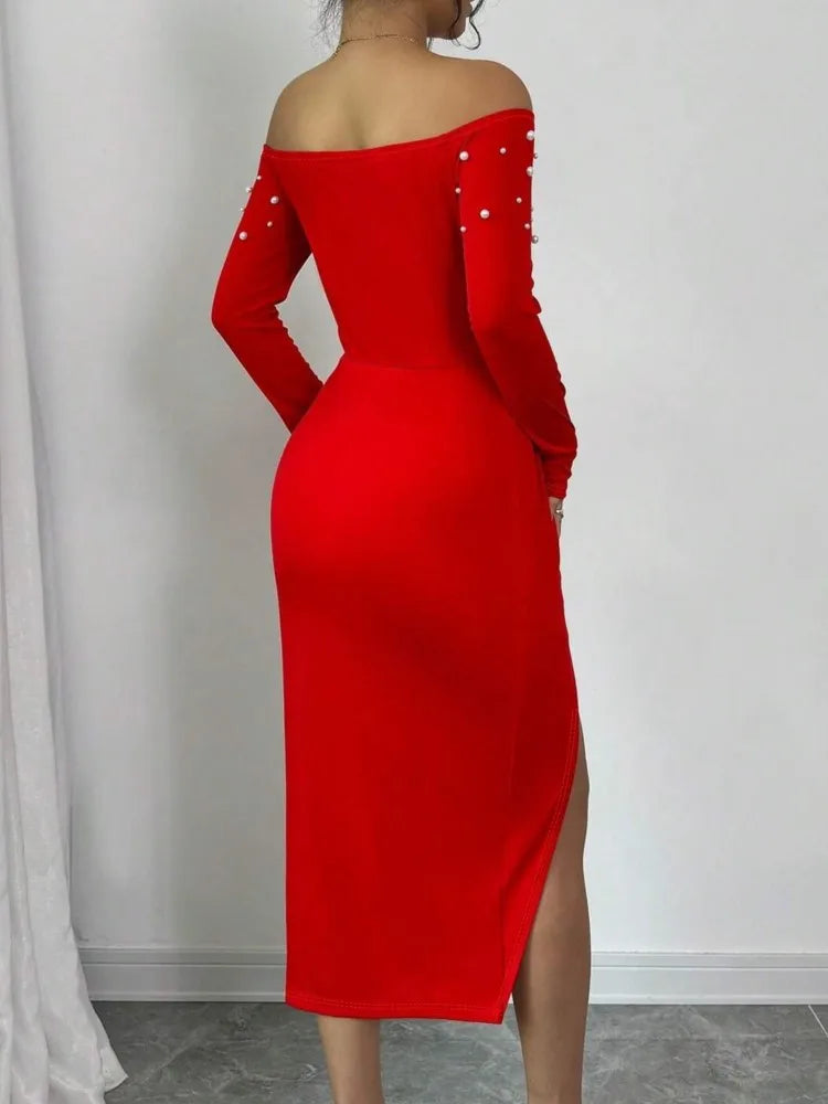 Vestido midi ajustado de cintura alta con hombros descubiertos