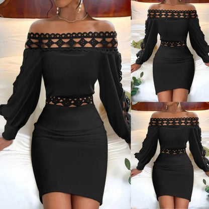 Vestido de fiesta negro de manga larga con cuello halter y abertura en la cadera