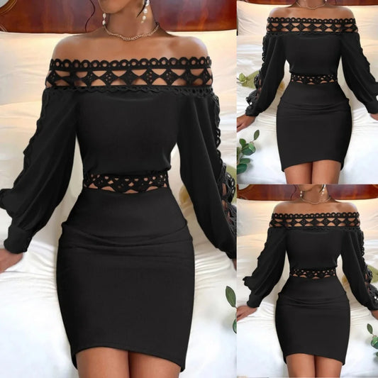 Vestido de fiesta negro de manga larga con cuello halter y abertura en la cadera