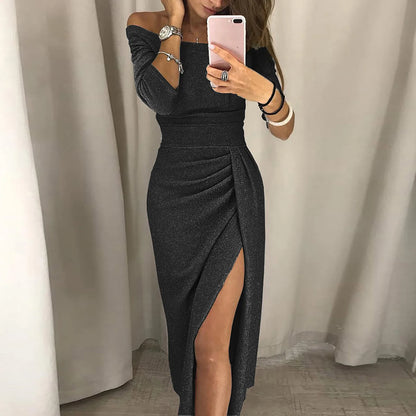 Vestido ajustado de manga larga con abertura alta y hombros