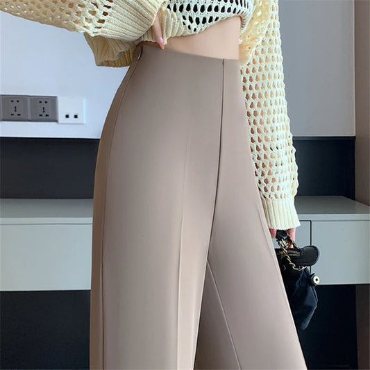 Traje caqui de cintura alta con para mujer, pantalones largos
