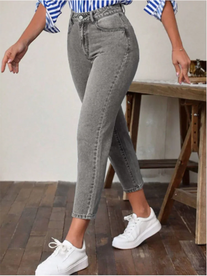Pantalones elásticos de bolsillo con cintura alta y color liso para mujer