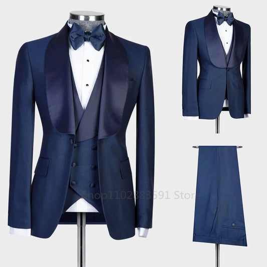Traje azul marino para hombre, 3 piezas, formal, de negocios, con blazer