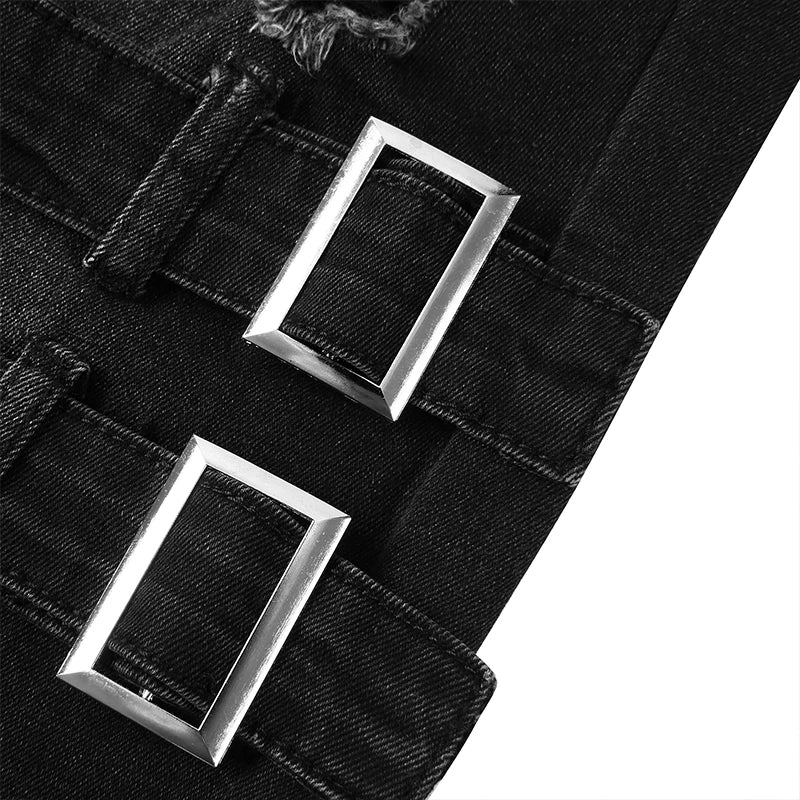Pantalones vaqueros largos, ajustados y rotos de motociclista para hombre