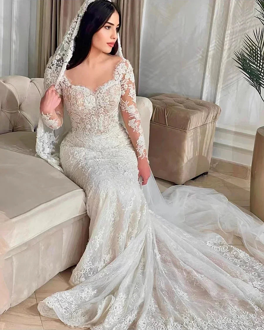 Vestido de novia de sirena personalizado 2025, bordado de encaje, 2 en 1