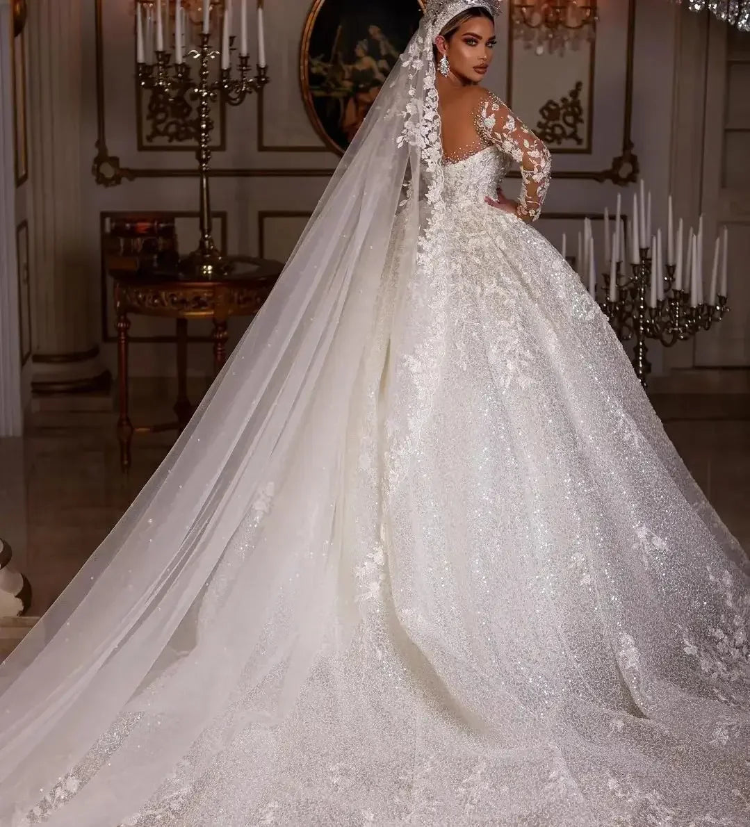Vestidos de novia de lujo personalizados 2025, mangas largas, lentejuelas