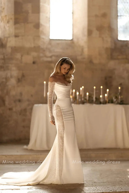 Vestido de novia personalizado con hombros descubiertos, manga larga