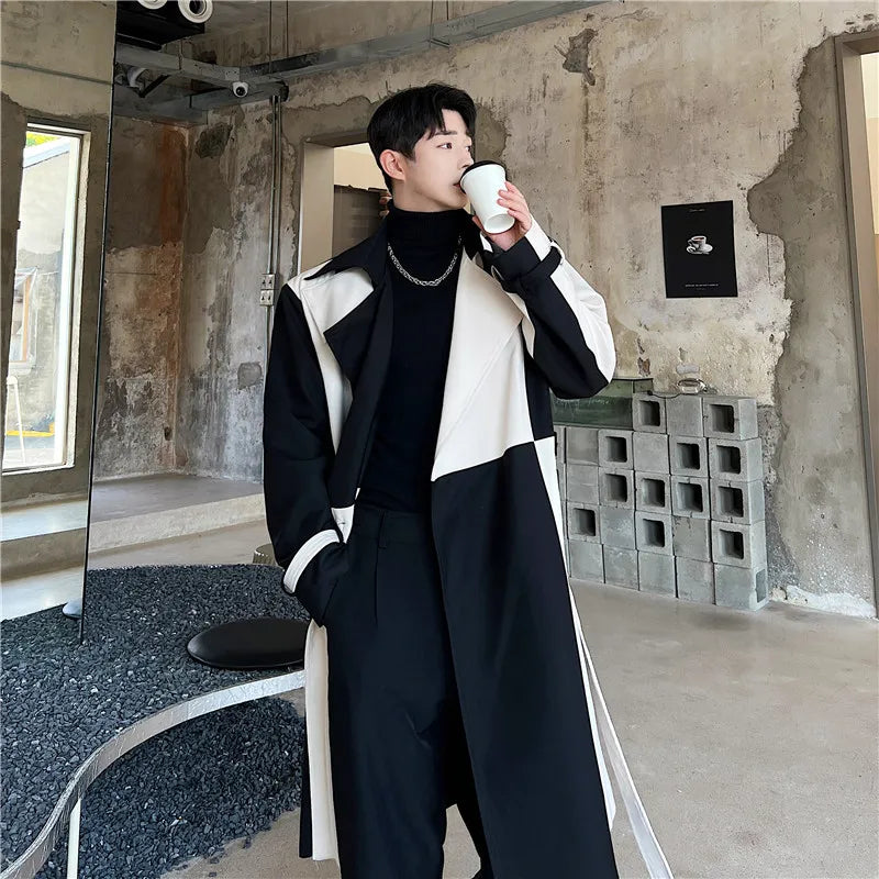 Gabardina larga de color contrastante para hombre, moda coreana