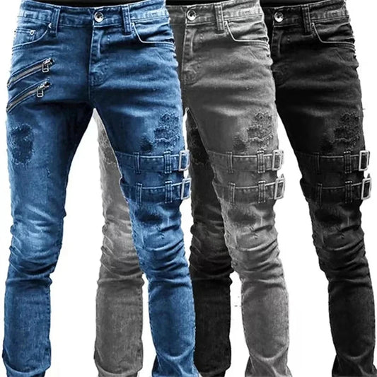 Pantalones vaqueros largos, ajustados y rotos de motociclista para hombre