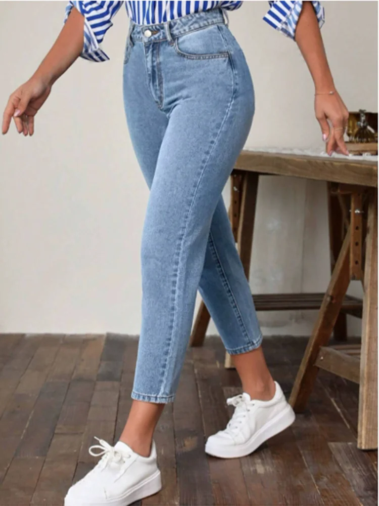 Pantalones elásticos de bolsillo con cintura alta y color liso para mujer