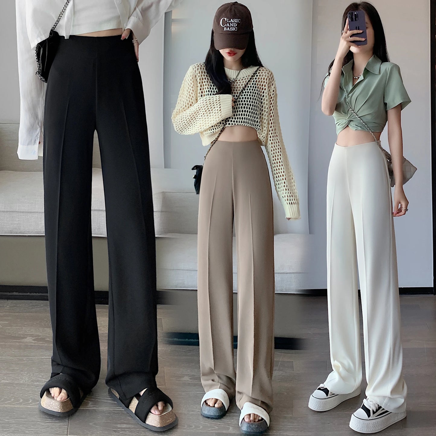 Traje caqui de cintura alta con para mujer, pantalones largos