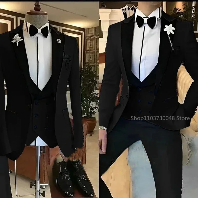 Traje de 3 piezas para hombre, liso, con un botón y solapa de pico