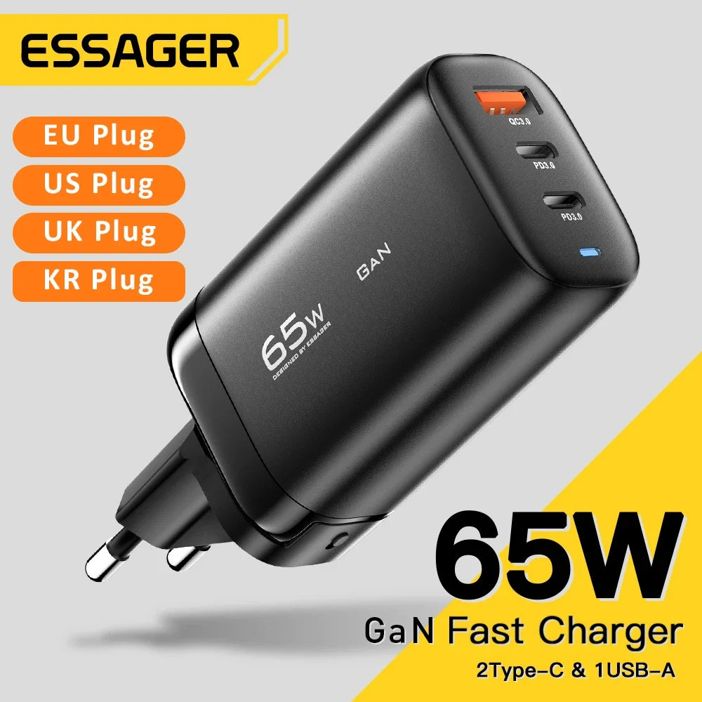 Cargador USB tipo C Essager GaN de 65 W para portátil, carga rápida PPS de 45