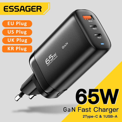 Cargador USB tipo C Essager GaN de 65 W para portátil, carga rápida PPS de 45