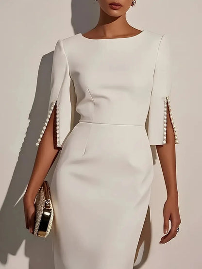 Vestido midi ajustado con cuentas, elegante, de color liso, con cuello