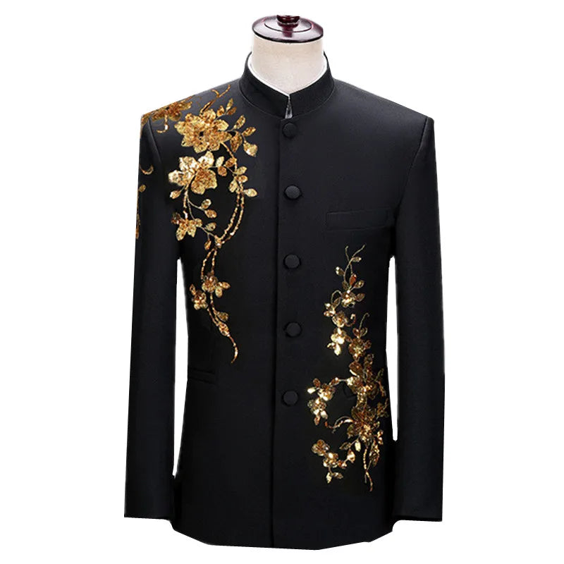 Traje floral de cuello alto para hombre, ropa de lentejuelas de lujo