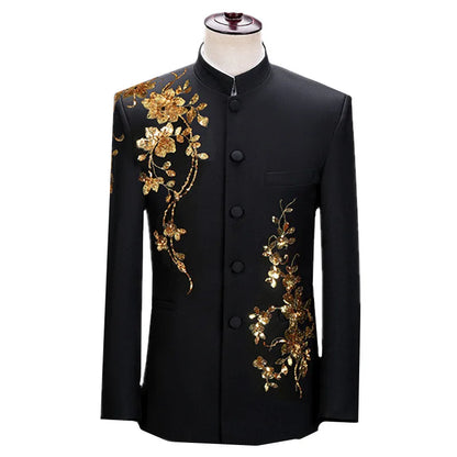 Traje floral de cuello alto para hombre, ropa de lentejuelas de lujo