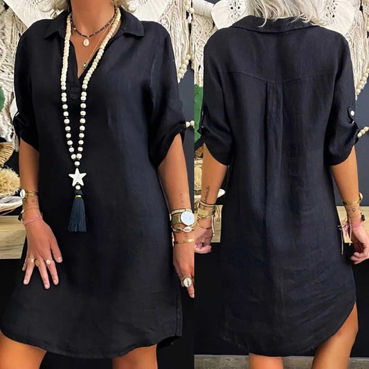 Vestido estilo blusa de algodón y lino para mujer, estilo vintage, informal