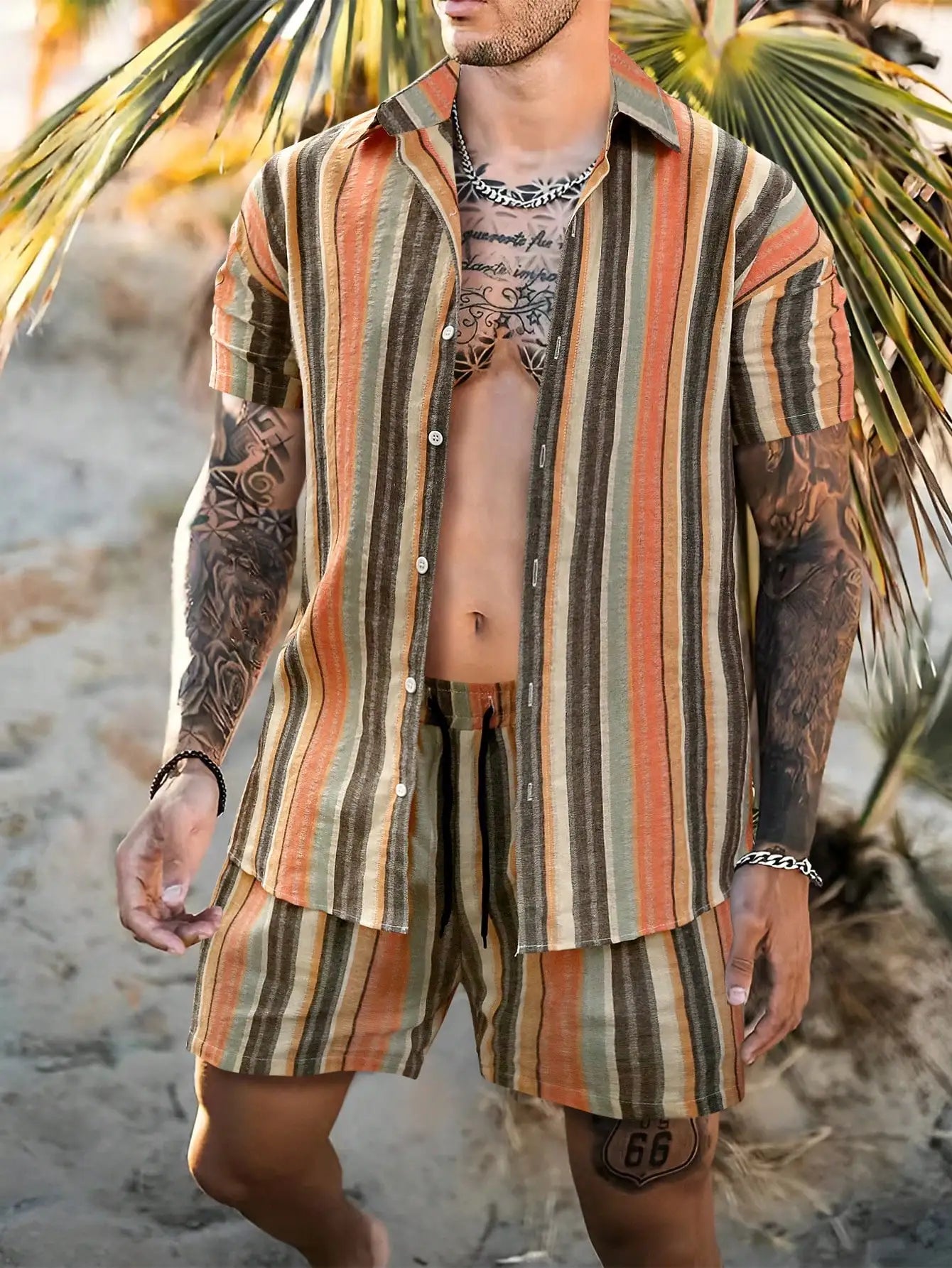 Conjunto de verano a rayas con estampado 3D para hombre,