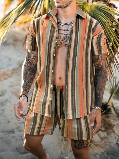 Conjunto de verano a rayas con estampado 3D para hombre,