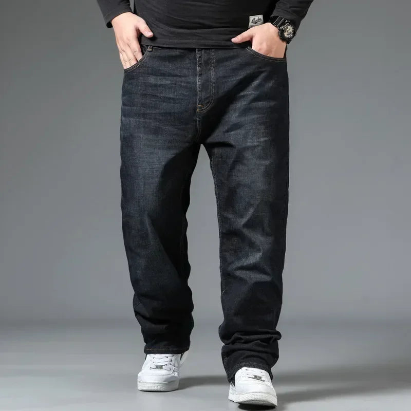 Pantalones vaqueros negros de talla grande para hombre, holgados