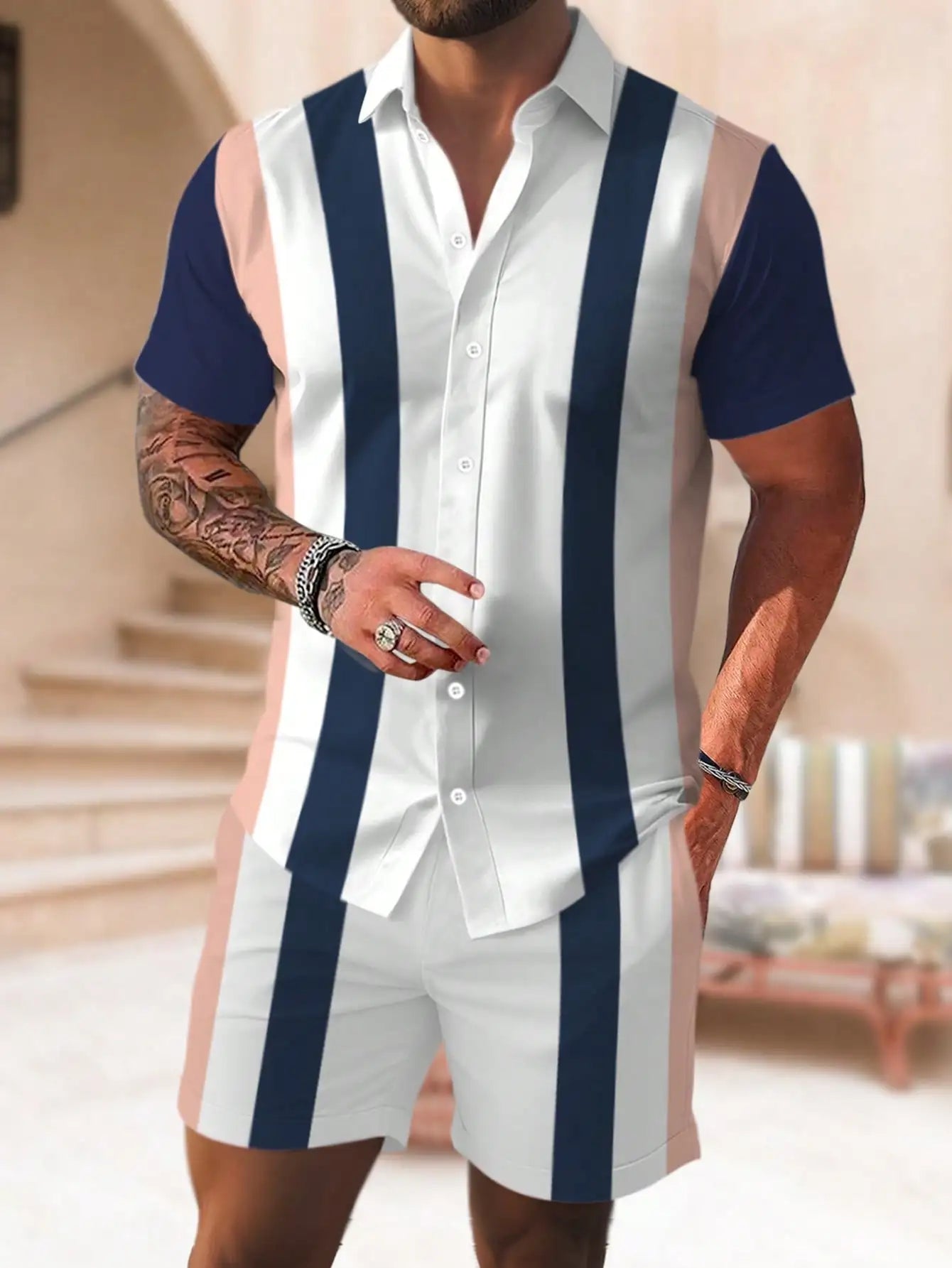 Conjunto de verano a rayas con estampado 3D para hombre,
