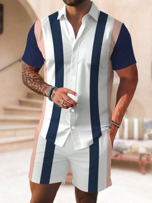 Conjunto de verano a rayas con estampado 3D para hombre,