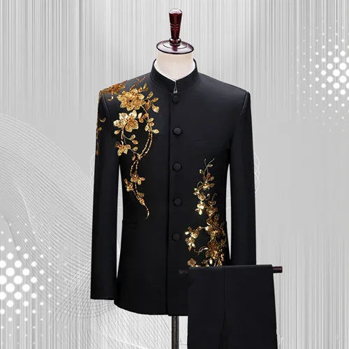 Traje floral de cuello alto para hombre, ropa de lentejuelas de lujo