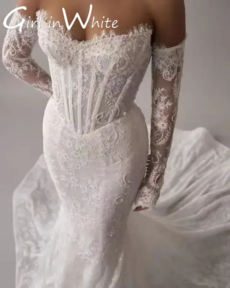 Vestidos de novia de lujo con cola larga desmontable y encaje