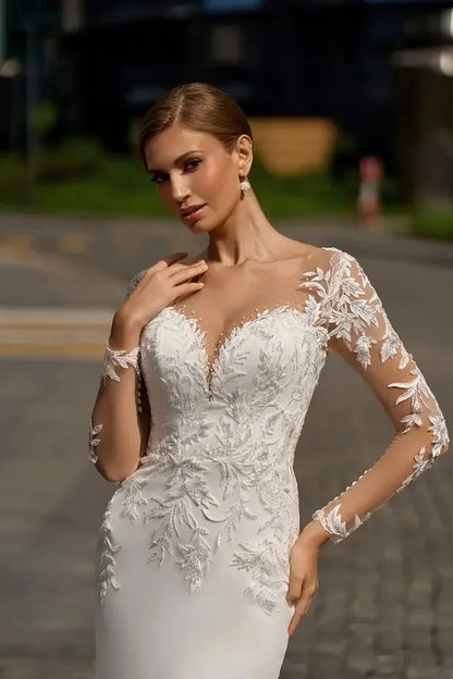 Vestido de novia con escote en V, apliques de encaje, playa, manga larga