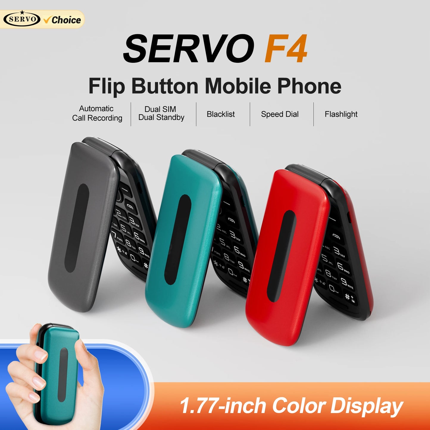 Teléfono móvil plegable SERVO F4 con 2 SIM, modo de espera, grabación