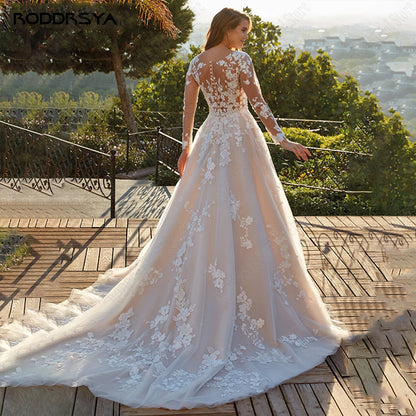 Vestido de novia personalizado elegante de encaje línea A mangas largas