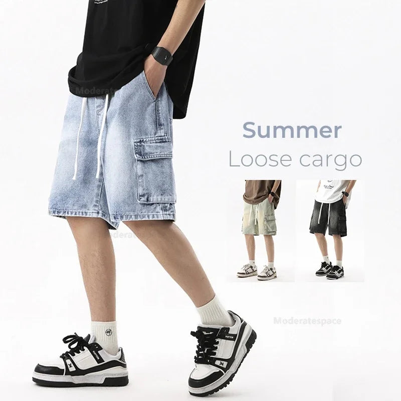 Pantalones vaqueros cortos cargo de verano para hombre, con bolsillos