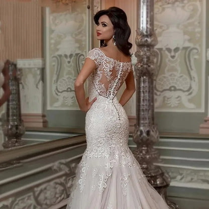 Vestido de novia sirena personalizado 2025, mangas cortas