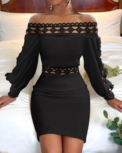 Vestido de fiesta negro de manga larga con cuello halter y abertura en la cadera