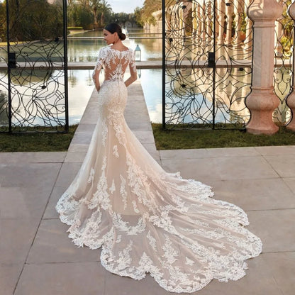 Vestido de novia estilo sirena, estilo bohemio, transparente, con escote