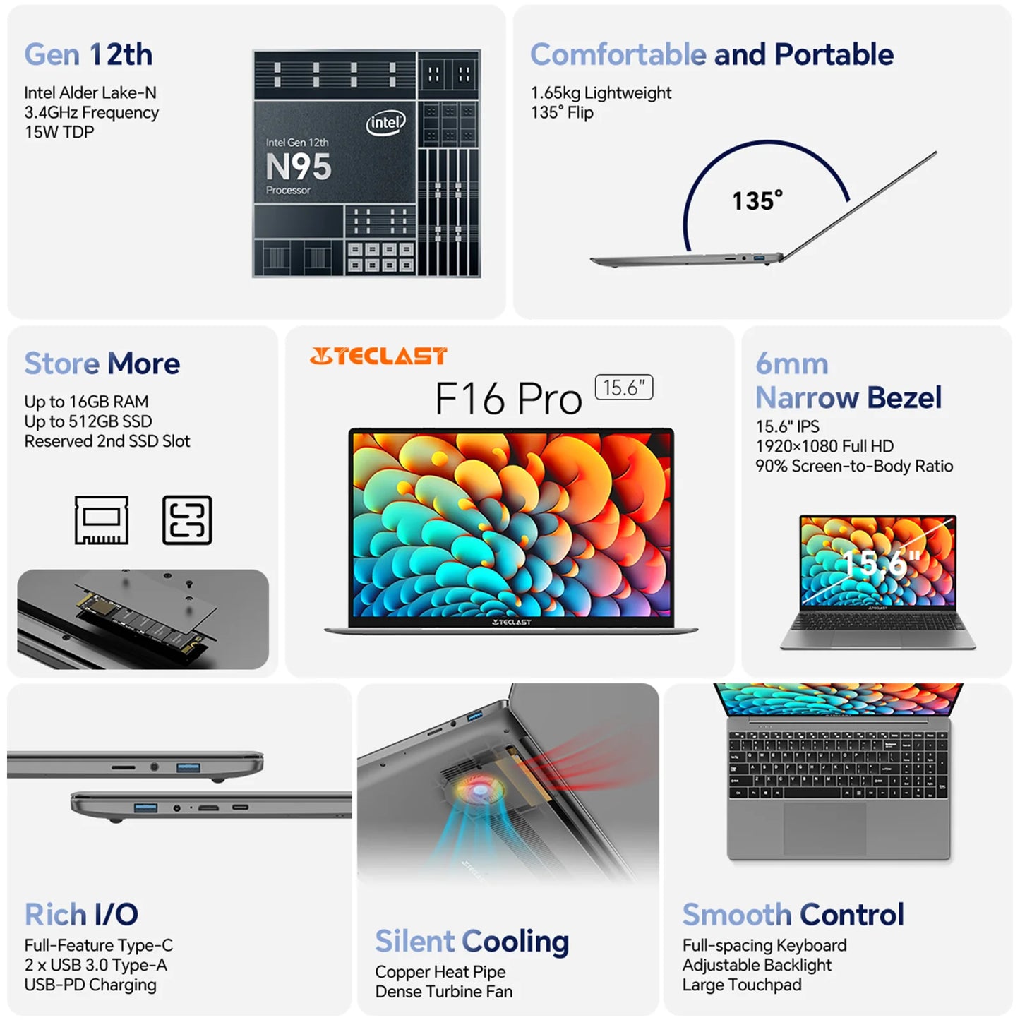Portátil TECLAST F16Pro de 15,6 pulgadas, 16 GB de RAM, 512 GB de SSD
