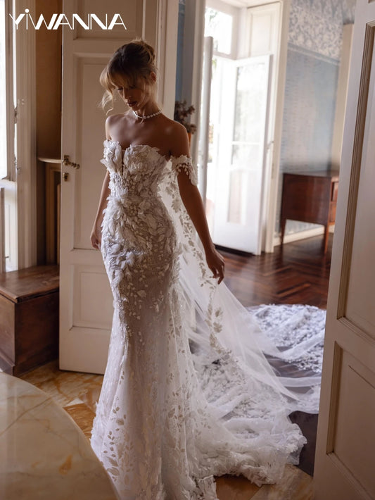 Vestido de novia de lujo con flores 3D brillantes y cola, corte sirena