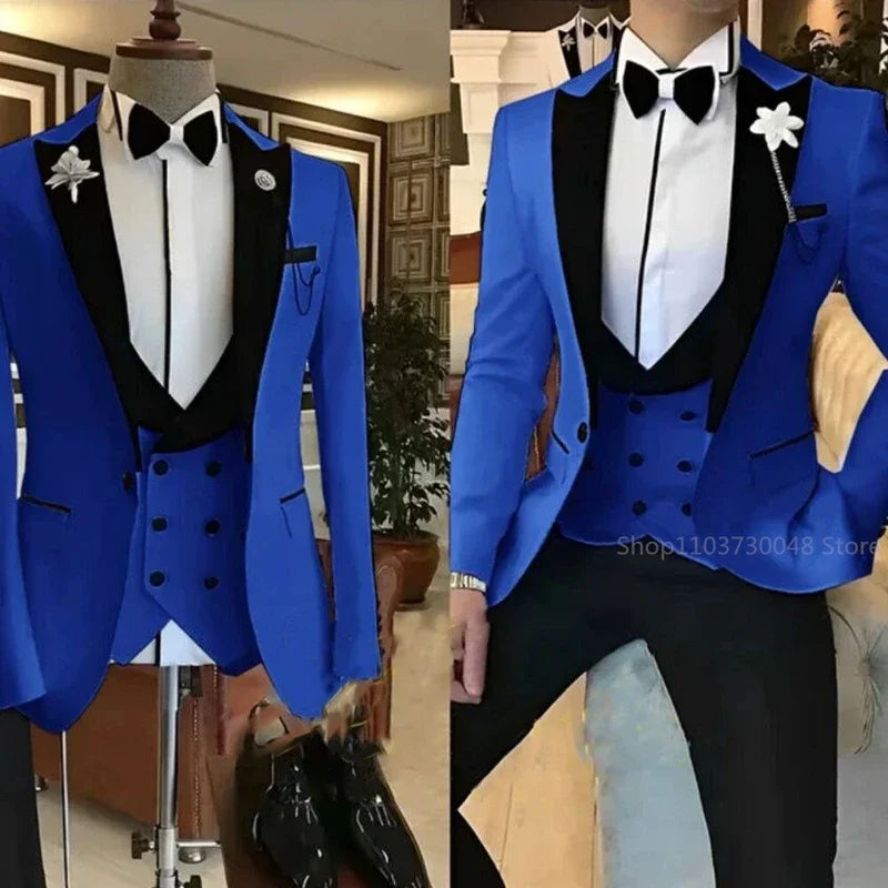 Traje de 3 piezas para hombre, liso, con un botón y solapa de pico