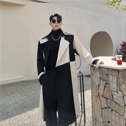 Gabardina larga de color contrastante para hombre, moda coreana